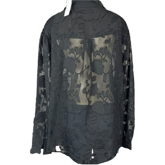 Torrid +5 Black Button Down Collar Sheer Chiffon Clip Floral Long Sleeve Shirt - Picture 4 of 6